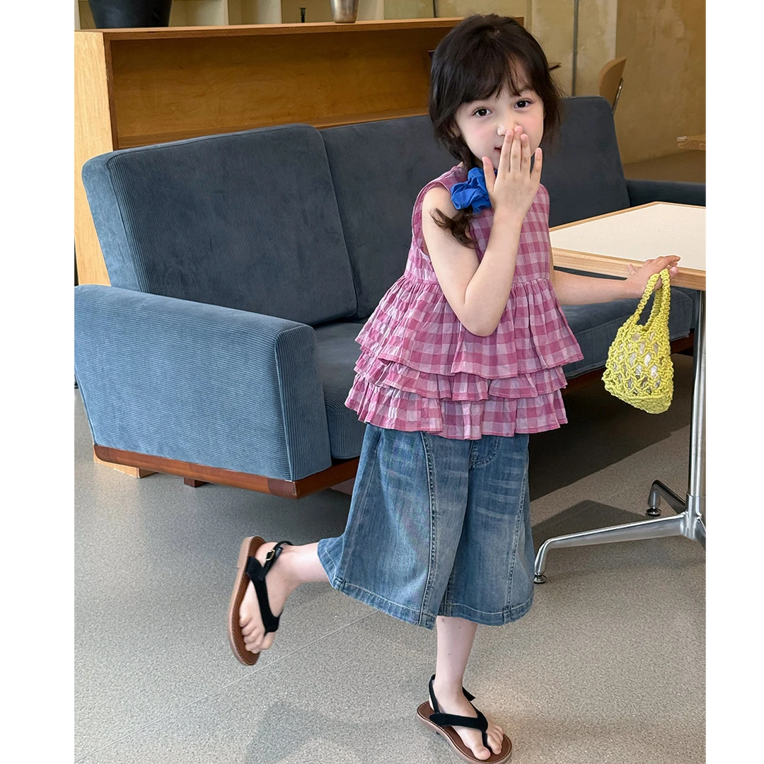 【夏季现货】女童洋气层次感花边无袖拼接皱感格子背心娃娃衫25D058