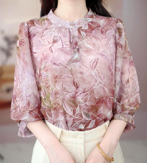 金枝玉叶2025春季新款衬衫圆领叶子提花显瘦衬衣气质减龄洋气上衣