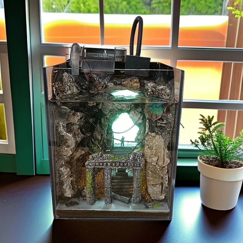 斗鱼缸探墓暗黑洞穴缸造景全套小型桌面客厅轻奢办公室家用免换水