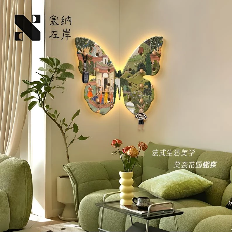 蝴蝶转角客厅装饰画复古置物架挂画灯画玄关客厅背景墙挂画可定制