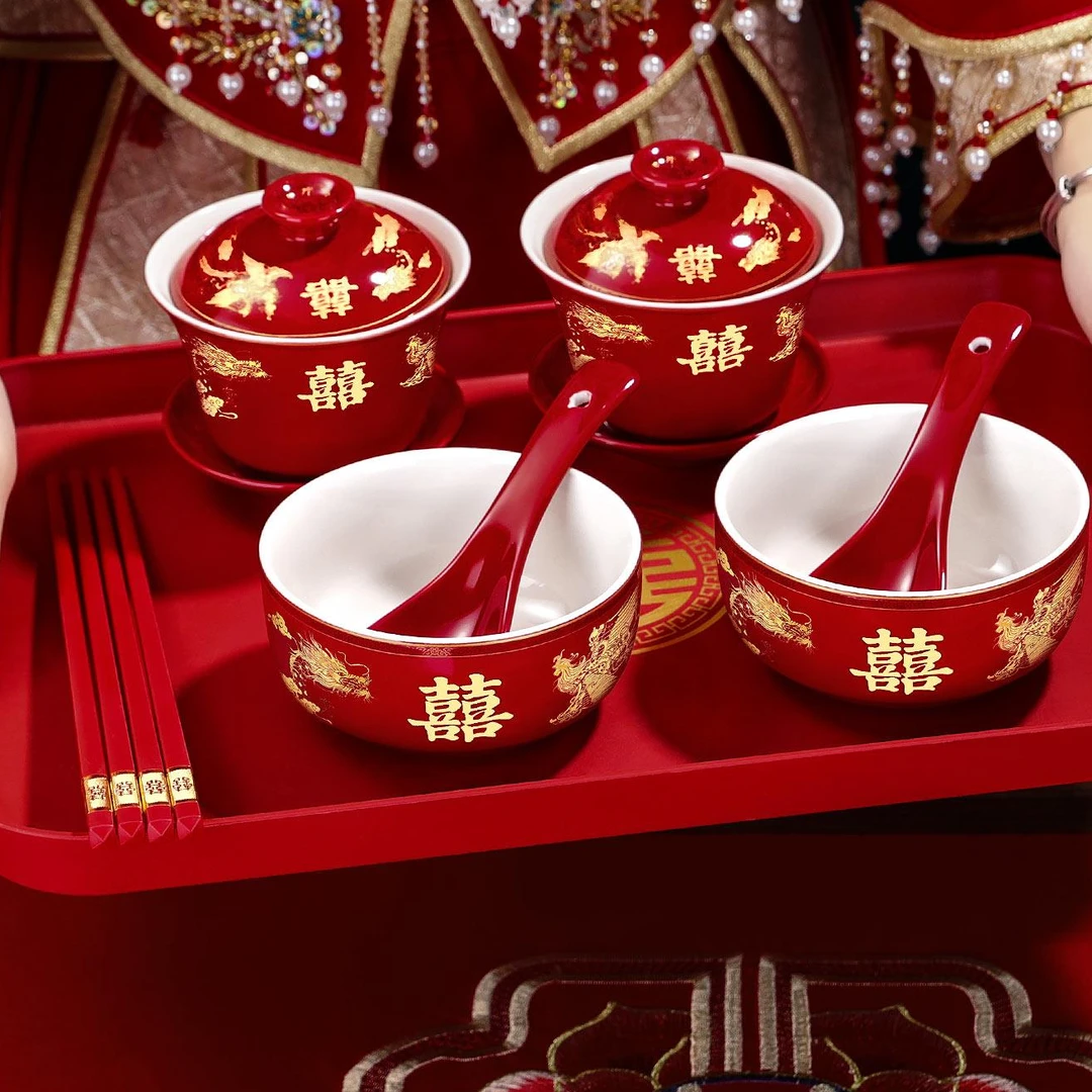 婚礼改口敬茶杯一对结婚新娘敬酒茶具套装新婚陪嫁红色喜盖碗筷