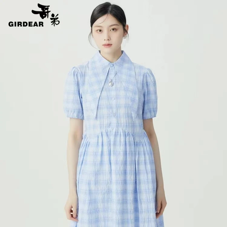 GIRDEAR/哥弟2024夏季新款气质显瘦尖领洋装泡泡袖连衣裙 1500518