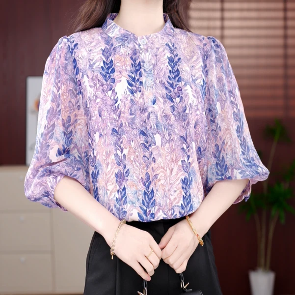 青蓝冰水晕染叶脉2025新款原版正品上衣法式轻奢减龄女士气质衬衫