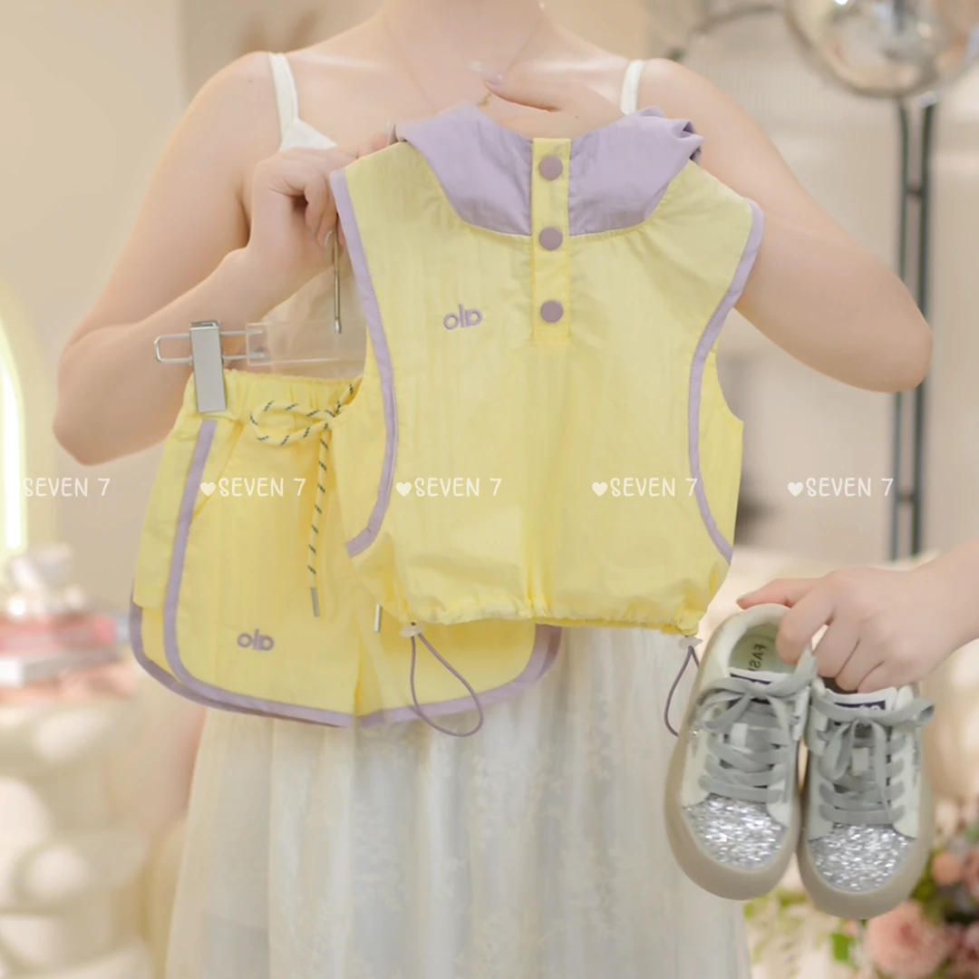 女童2025夏季新款洋气连帽多巴胺运动上衣短裤两件套C23351