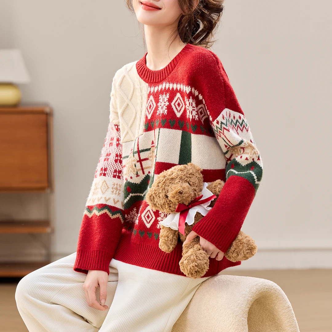 鄂尔斯市新年红色圆领毛衣女秋冬新款加厚宽松慵懒风羊绒打底衫女