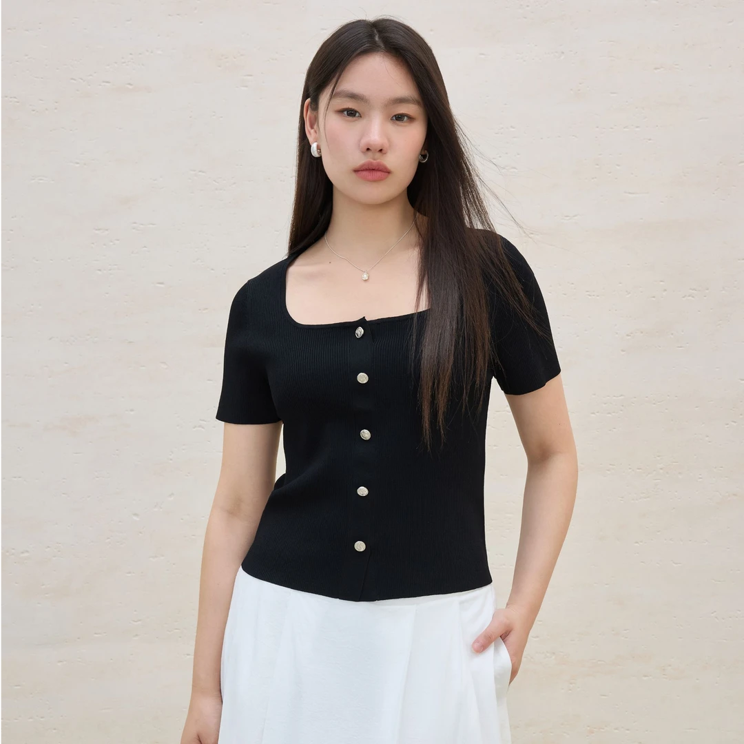 独束大码女装通勤气质针织短袖女亲肤舒适百搭上衣2S82040