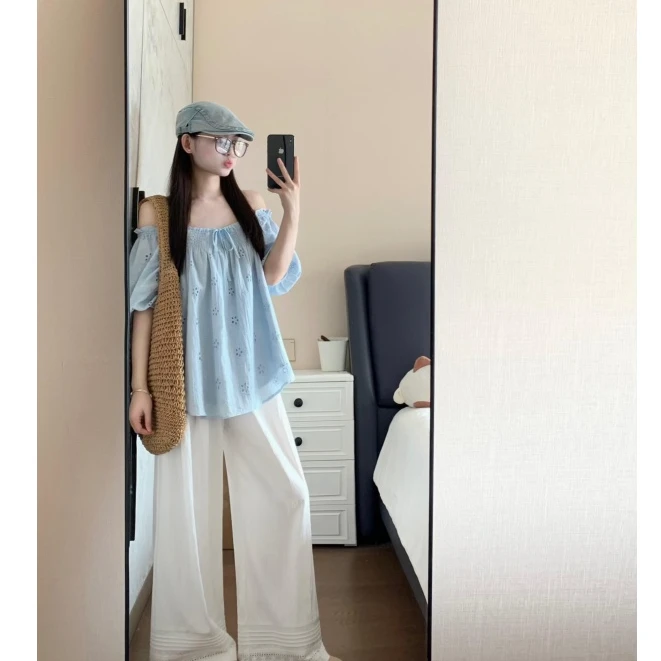 蓝色设计感衬衫甜美泡泡袖两穿韩系优雅淑女温柔小衫直筒裤套装
