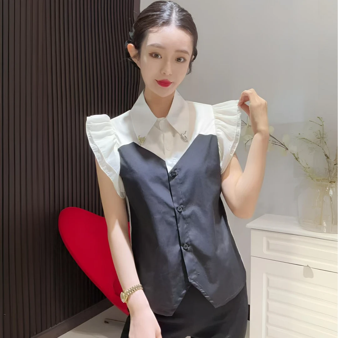 韩版立体双层荷叶袖开叉拼接假两件显瘦衬衫1977