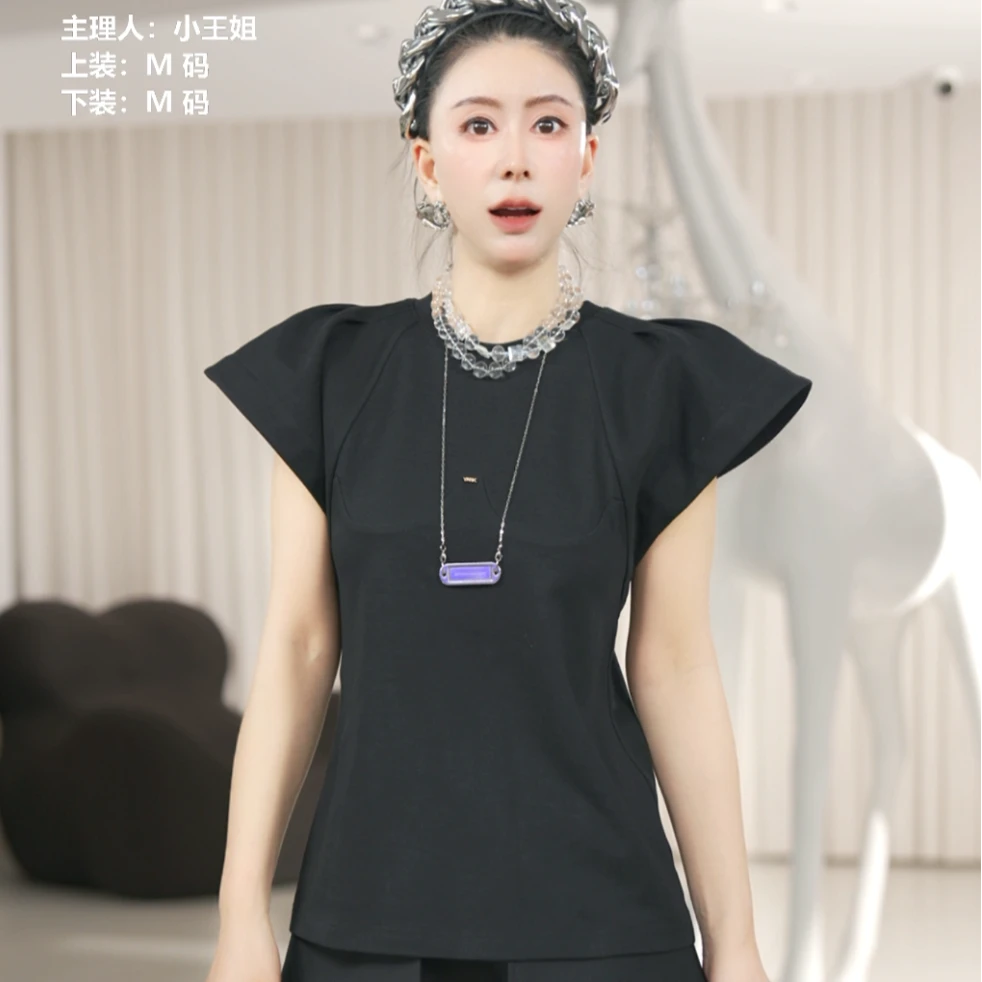 YRNX/伊然納暄【double】设计师气质圆领夏季新款双层设计感T恤