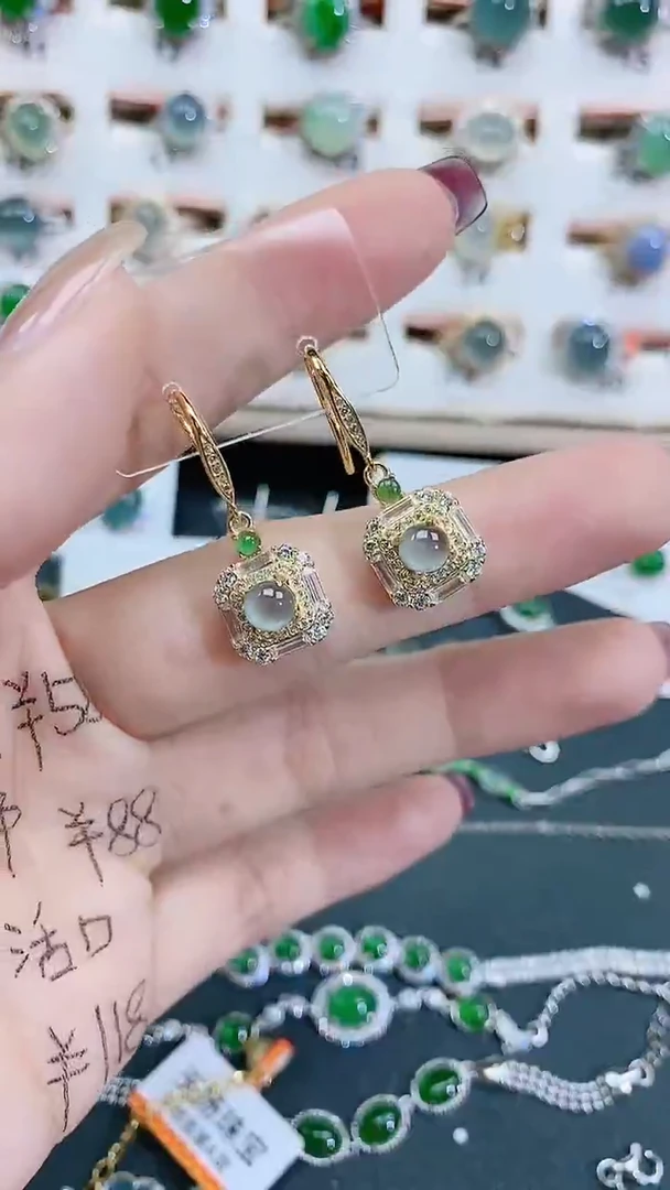 银S925镶嵌翡翠耳饰天然翡翠
