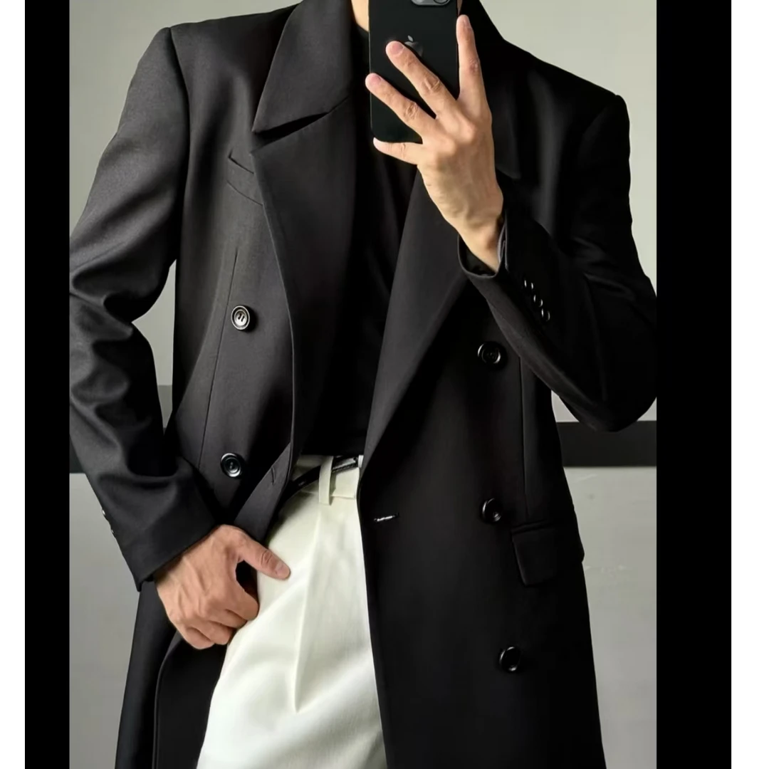 AIXK0M2025简约秋季中长款韩式风衣黑色西装领青春流行男士长款