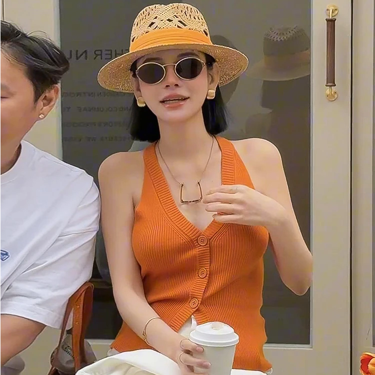 橘色吊带背心女2025新款夏季外穿修身超好看性感v领针织无袖上衣
