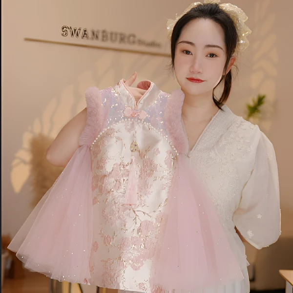 （断码浮力）【Y.k1409】女宝国风重工立领背心裙女宝加厚冬季拜年服