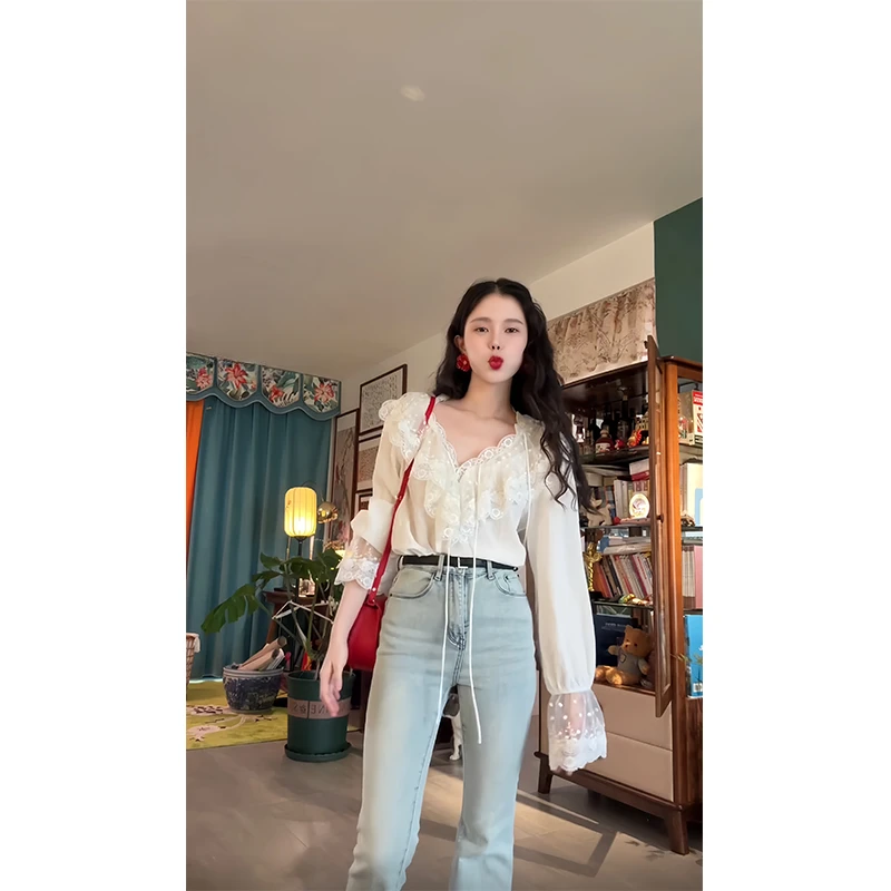 套装女2025春秋新款气质轻熟蕾丝边V领长袖衬衫高腰直筒牛仔裤