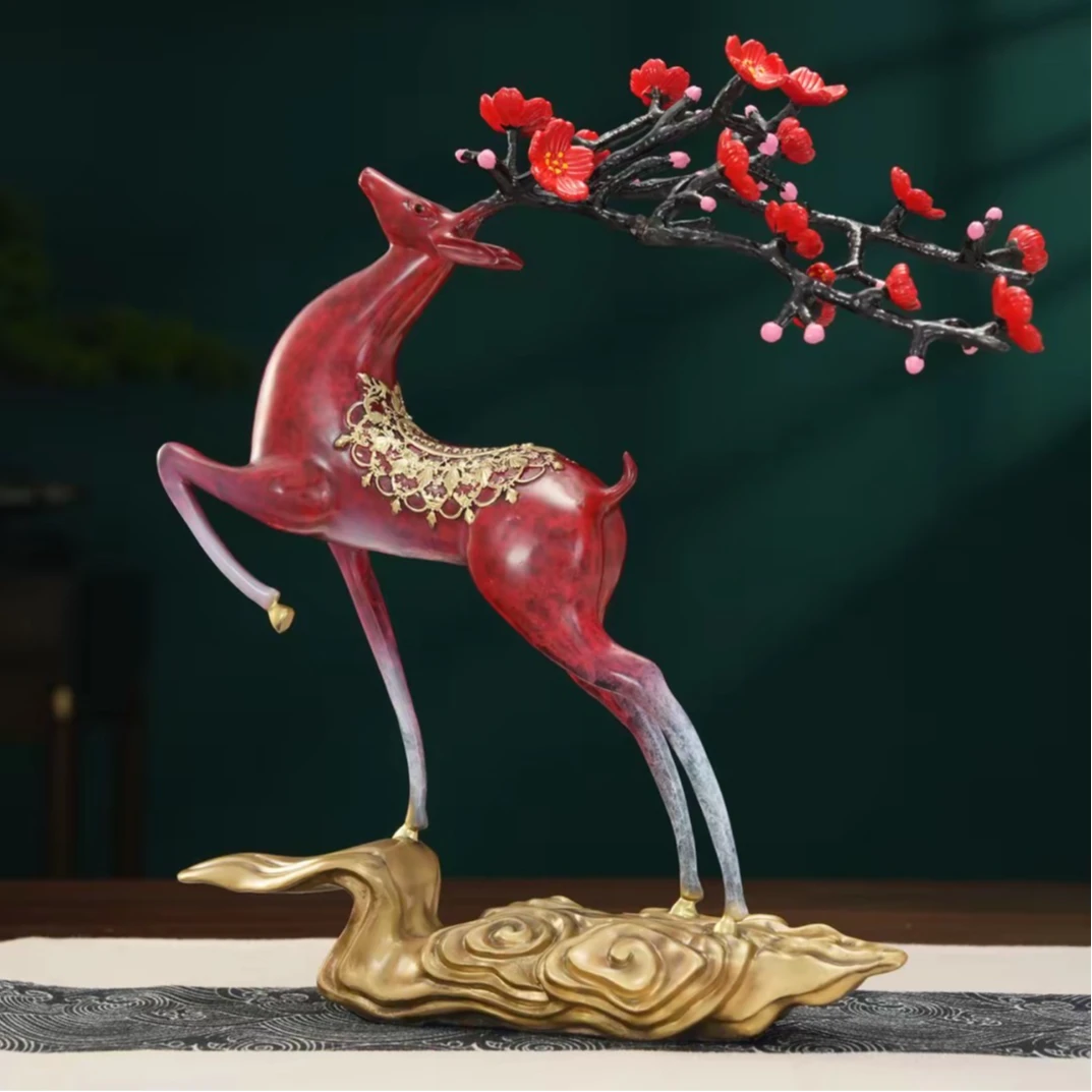 古品轩【一鹿青云】纯黄铜梅花鹿发财铜鹿家居客厅装饰玄关摆件