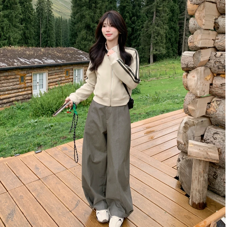 美式工装慵懒风休闲运动裤女早秋新款高腰显瘦百搭宽松阔腿弯刀裤