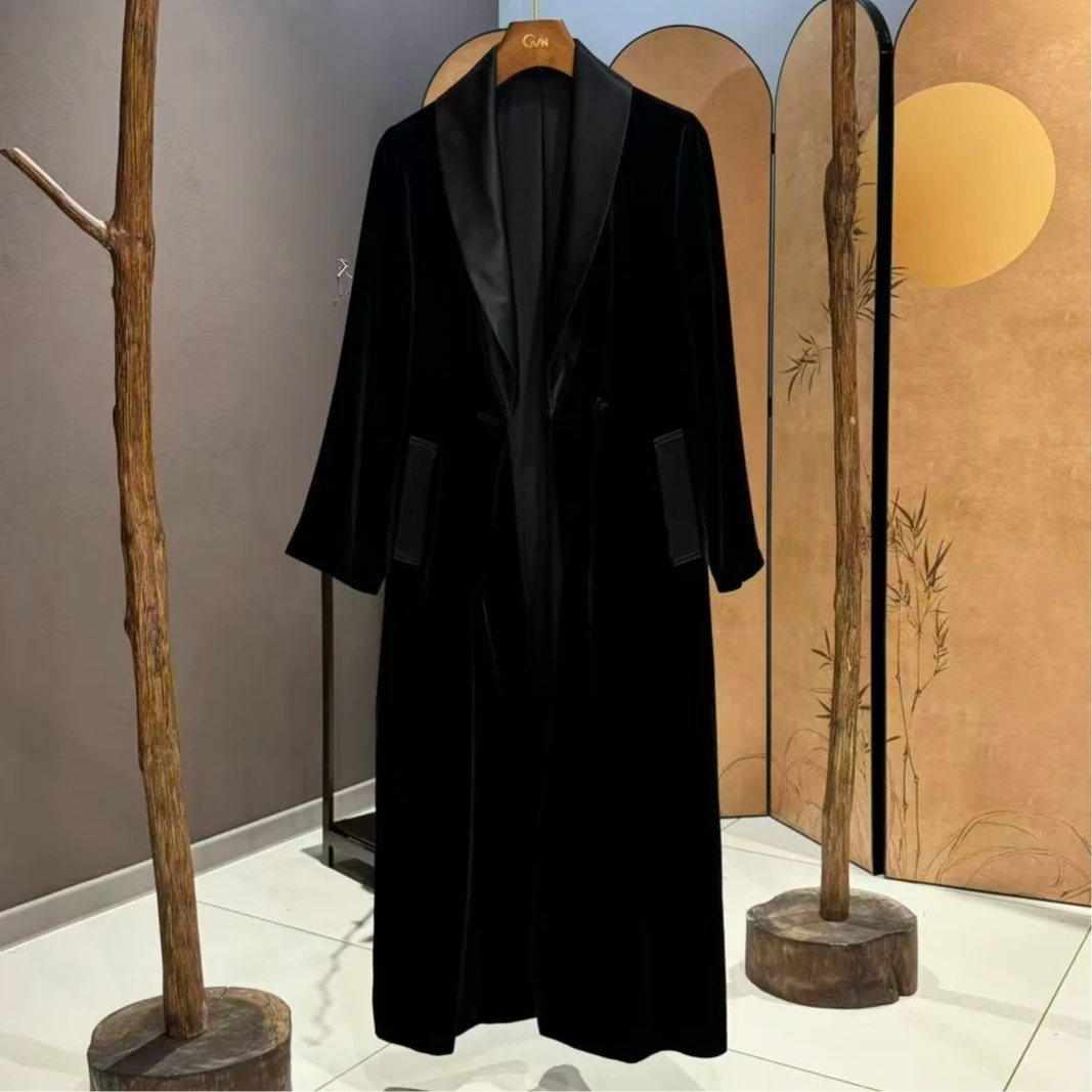 真丝丝绒大气香蕉领高端西服风衣（可系带）