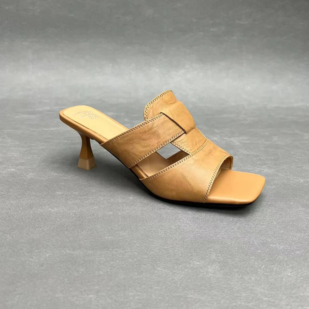 跟高5厘米H791细跟高跟夏季镂空时尚真皮拖鞋外穿方头女士凉拖白