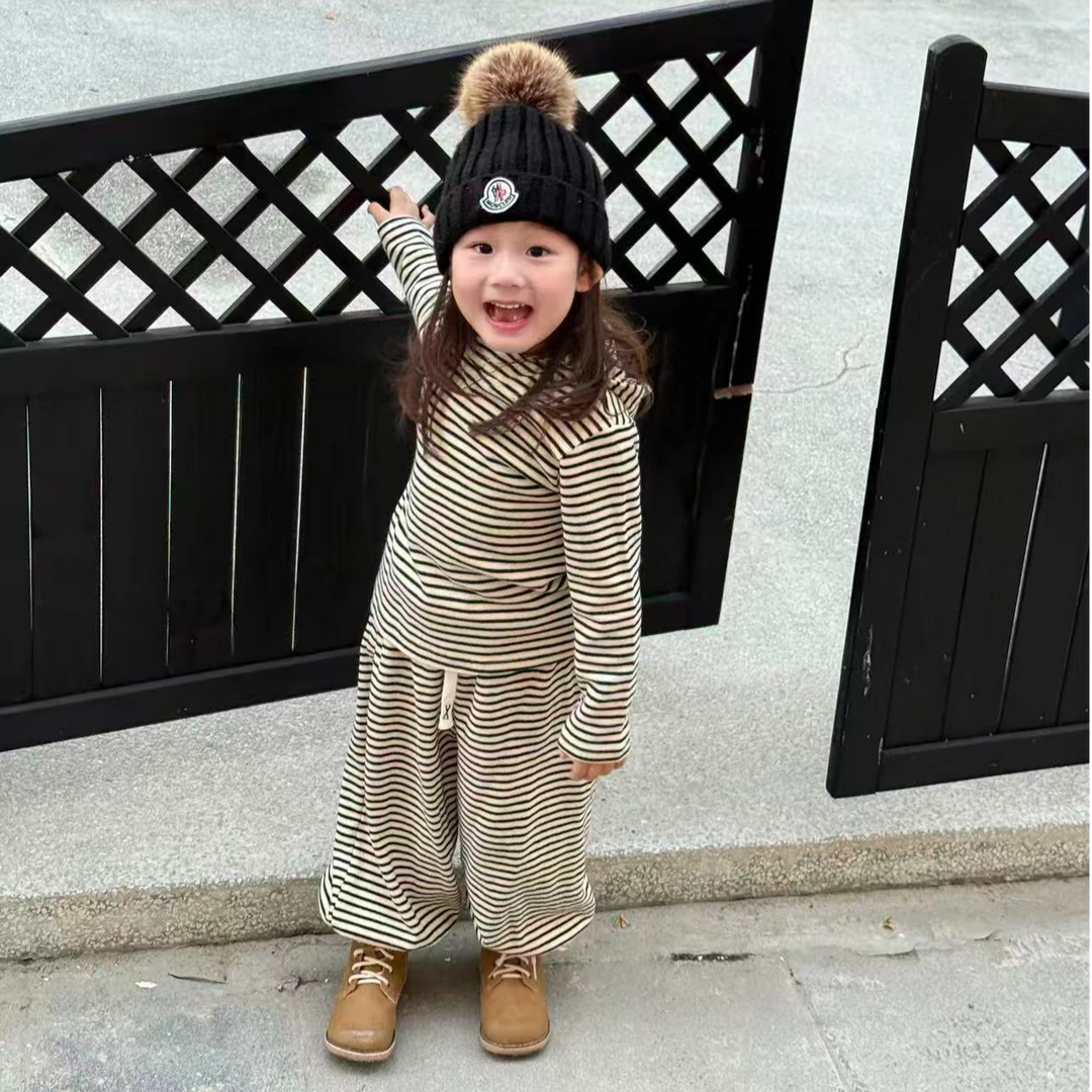 甜小七女童2025秋季新款韩版休闲百搭儿童条纹套装连帽衫+休闲裤