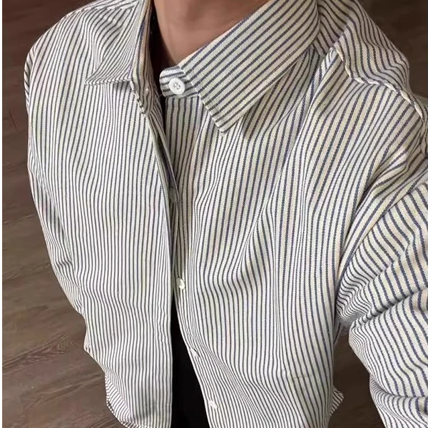 蓝色条纹衬衫内搭男款春秋美式cleanfit外套高级感痞帅学院风衬衣