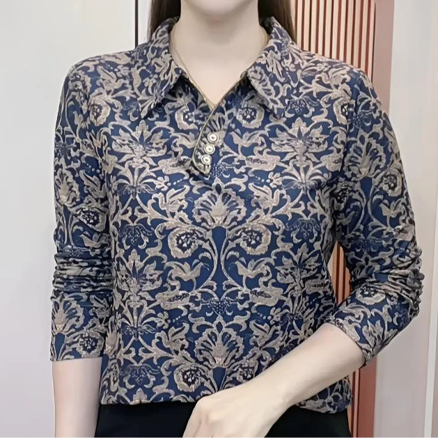 秋季新款长袖打底衫宽松遮肉妈妈装洋气时尚翻领上衣百搭显瘦