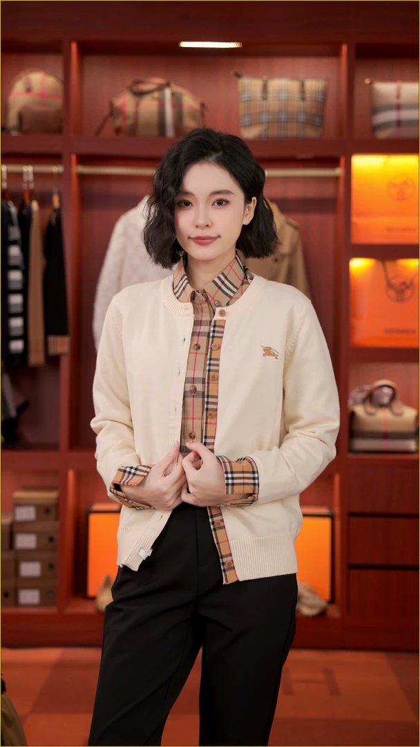 2025早秋新款拼接格纹撞色圆领单排扣针织衫开衫