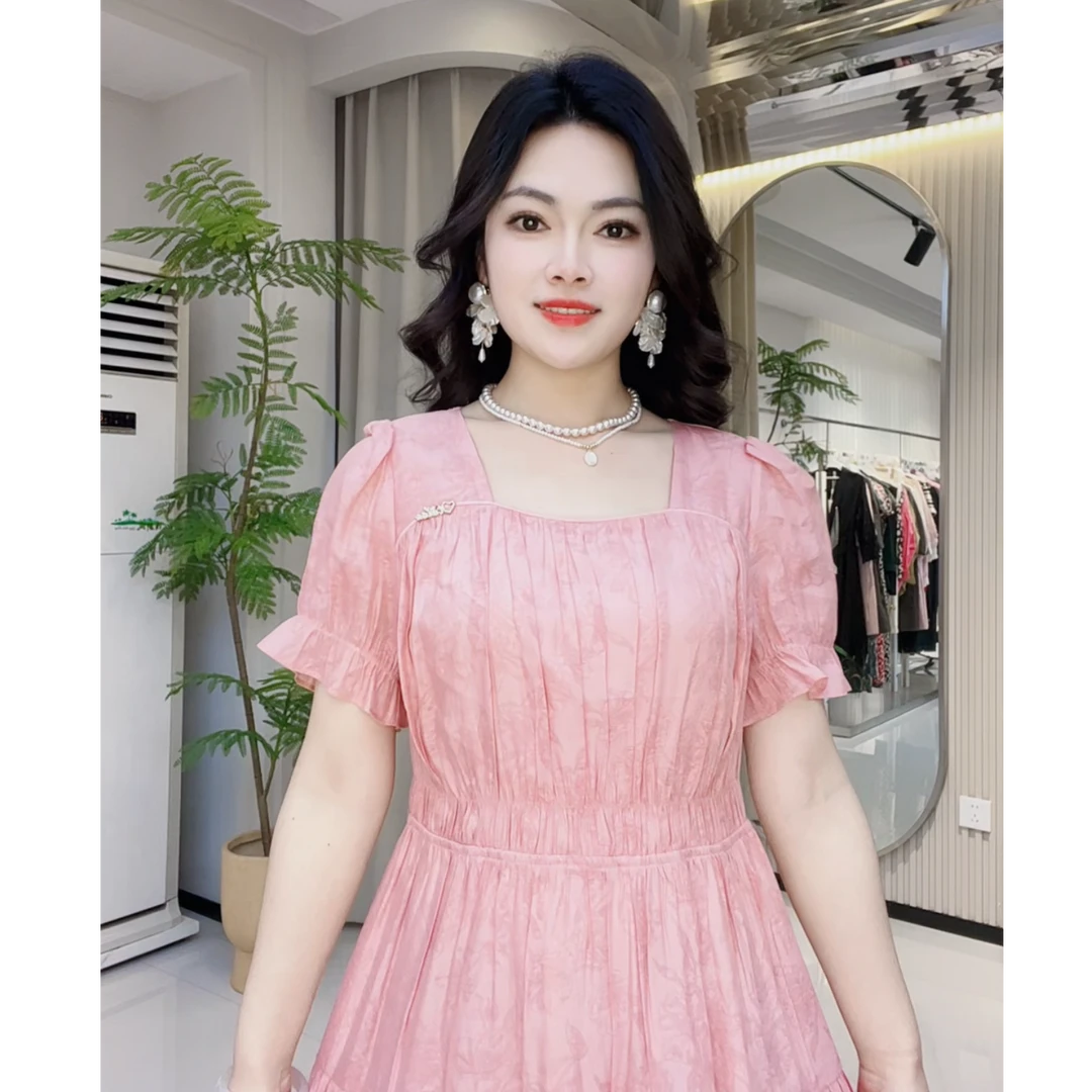 [依百万]152长裙方领夏季连衣裙泡泡袖收腰碎花女装设计感褶皱