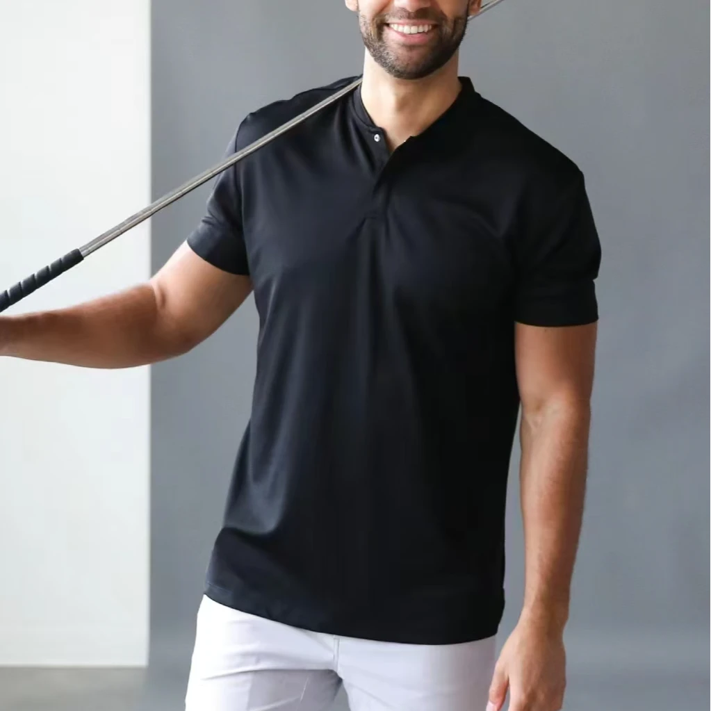 欧美单男士夏季弹力有大码亨利领高尔夫短袖T恤吸汗透气纯色百搭