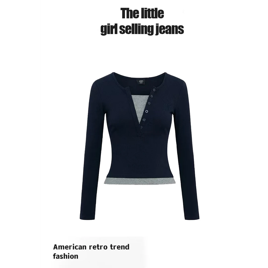 黑色假两件V领T恤圆领设计感显瘦亲肤打底衫撞色长袖打底衫