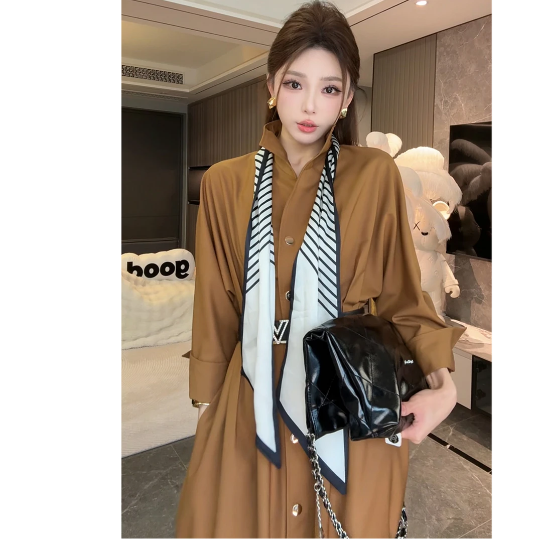 2025春季新款气质通勤高级感轻奢单排扣收腰系带风衣式连衣裙女