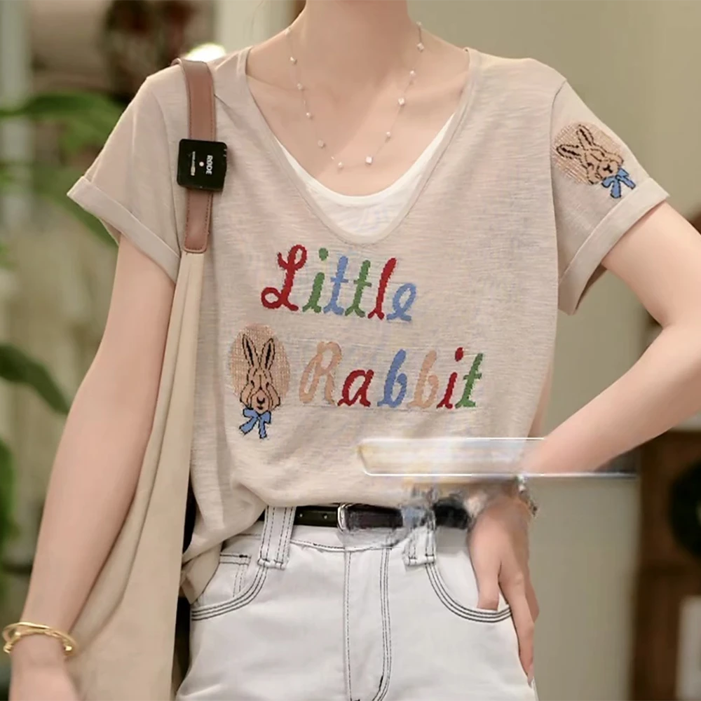 2025假两件拼接短袖t恤女2025夏季刺绣宽松休闲百搭上衣