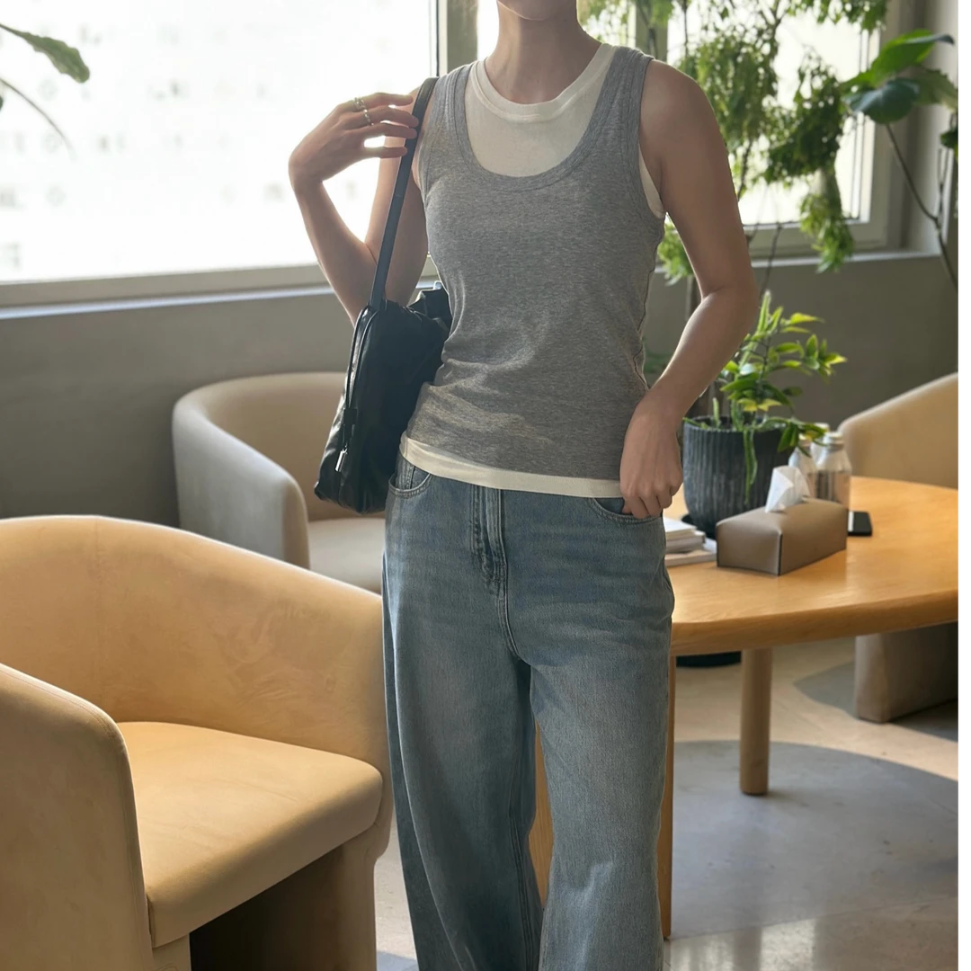 圆领无袖短款夏季灰色撞色两件套弹力背心通勤打底百搭女士纯色