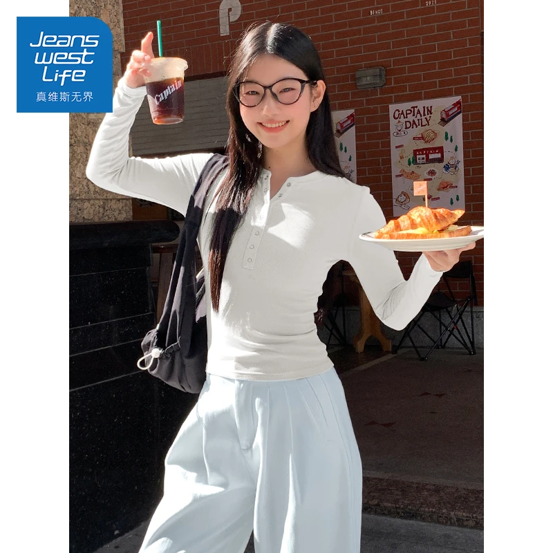 真维斯无界初秋懒人穿搭开领打底衫女白色简约小众时尚感净版上衣