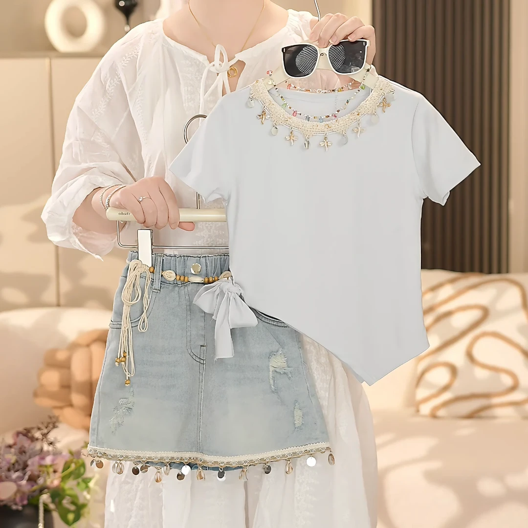 女童2025夏季新款洋气民族风不规则短袖+牛仔半身裙套装YY117