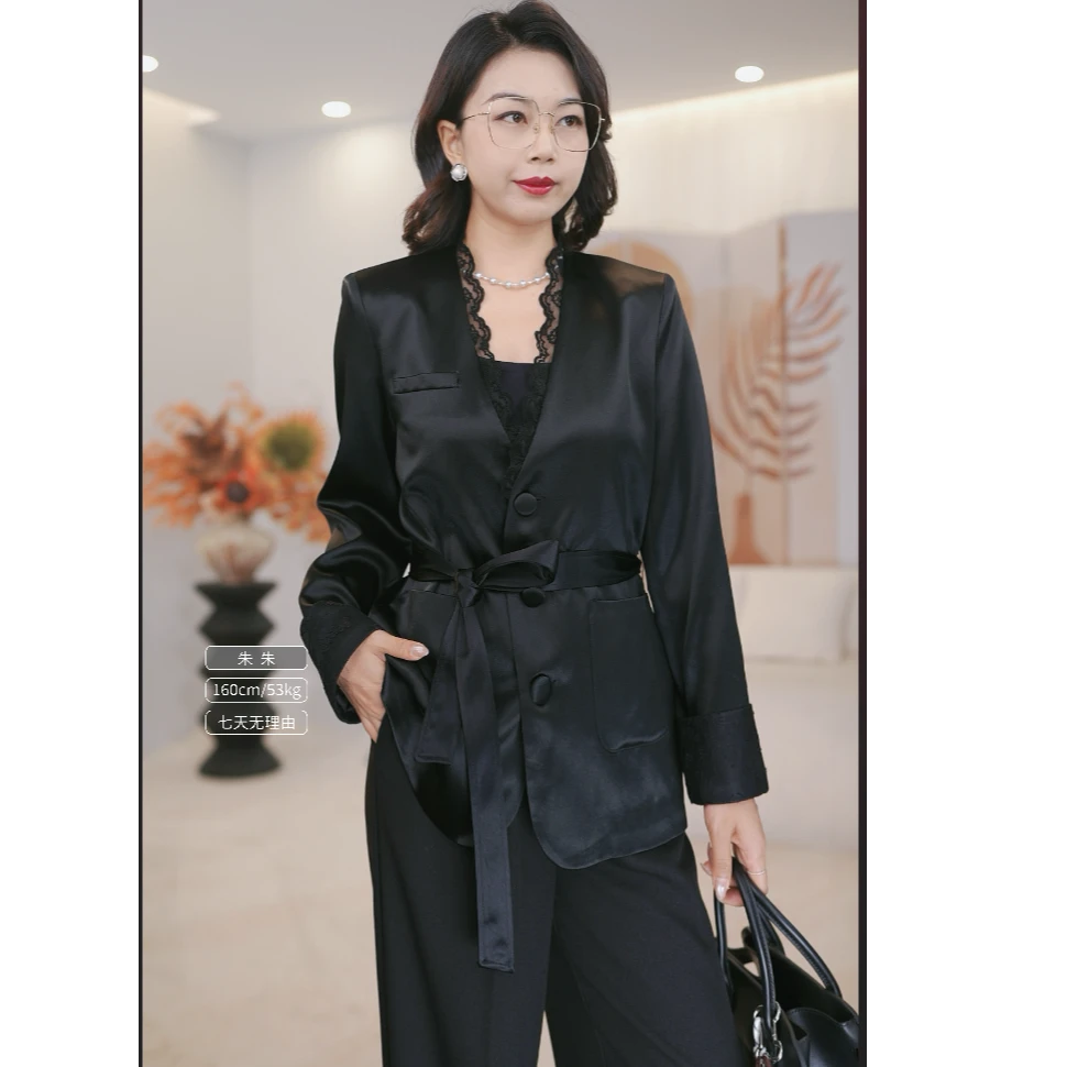 【白茶】醋酸面料蕾丝拼接重工西服外套