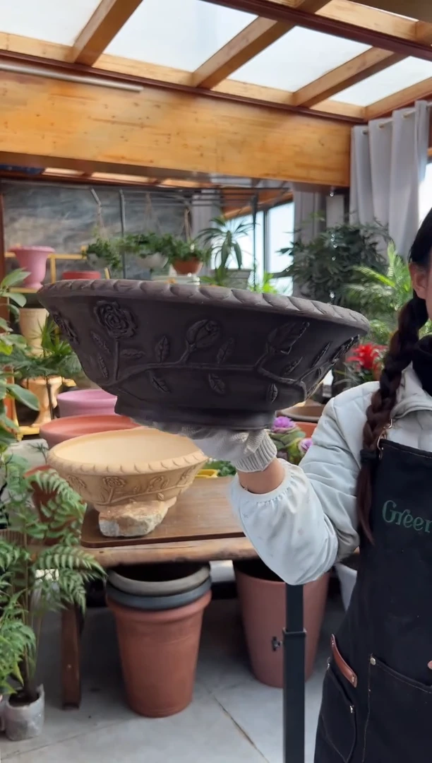 39*14/【孤品】巧克力色手工浮雕碗莲盆/AAA39