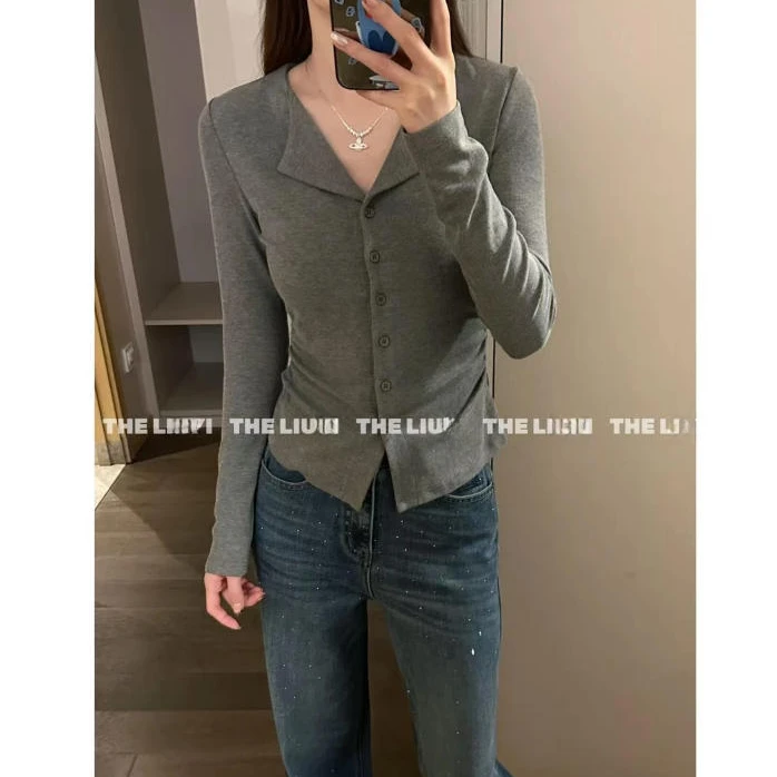 掐腰T～V领纽扣正肩修身内搭上衣59122