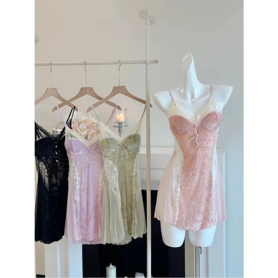 【软欲交缠】法式甜美氛围感烧花吊带睡裙女带胸垫蕾丝镂空家居服女