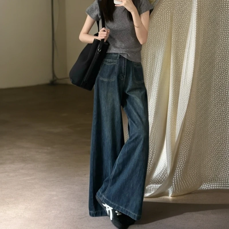 瘦腿收腰牛仔裤阔版直筒牛仔裤女直筒阔腿大码夏天裤子微胖牛仔裤