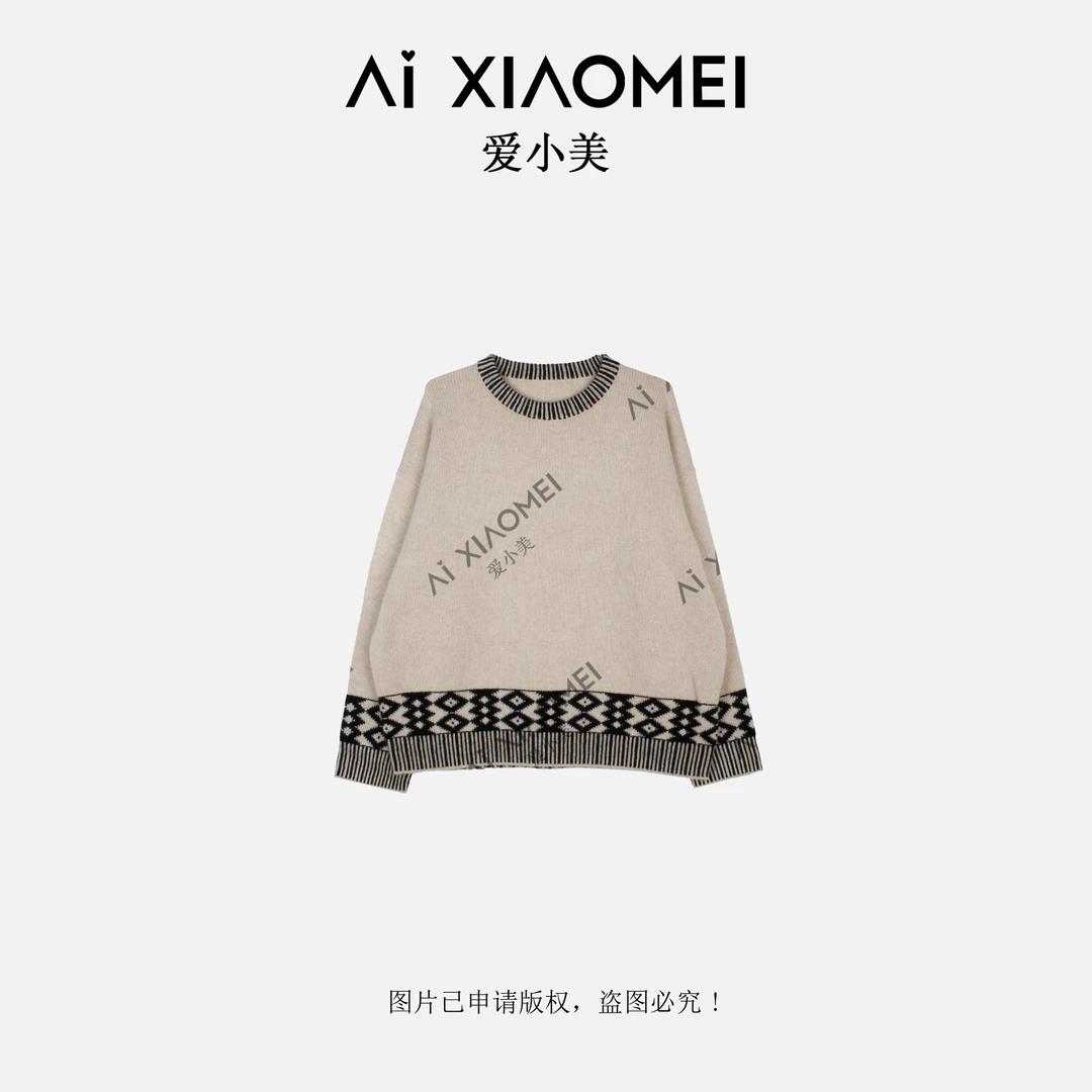 复古T级纯山羊绒撞色宽松圆领加厚慵懒风针织毛衣YR08-1834