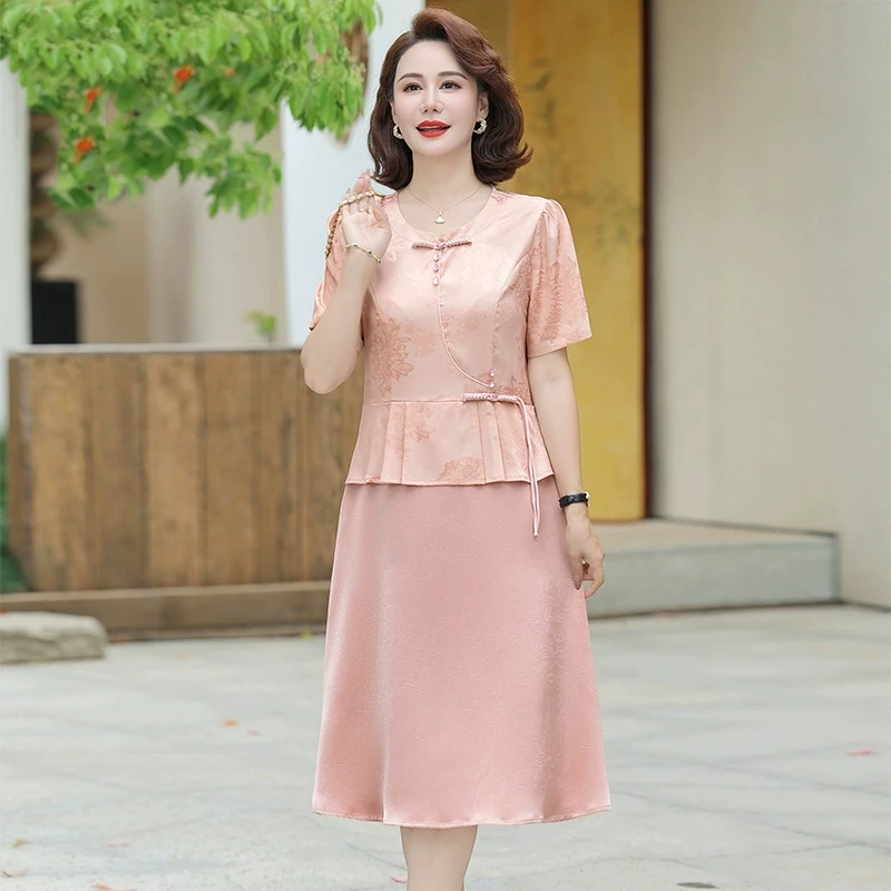 妈妈短袖连衣裙夏季贵夫人气质长裙中老年女装夏装新中式国风裙子