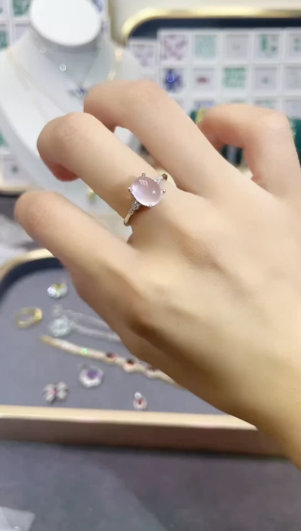 芙蓉石戒指银S925镶嵌s925银天然粉水晶戒指