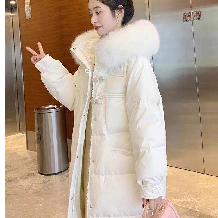 毛领款长款牛角扣外套时尚休闲女士连帽宽松中长款加厚冬季羽绒服