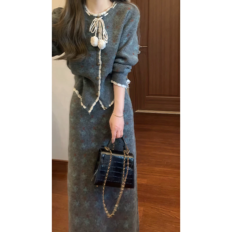 【秋日绘影】韩系复古艺术生针织衫毛衣&花边半身裙两件套装9742