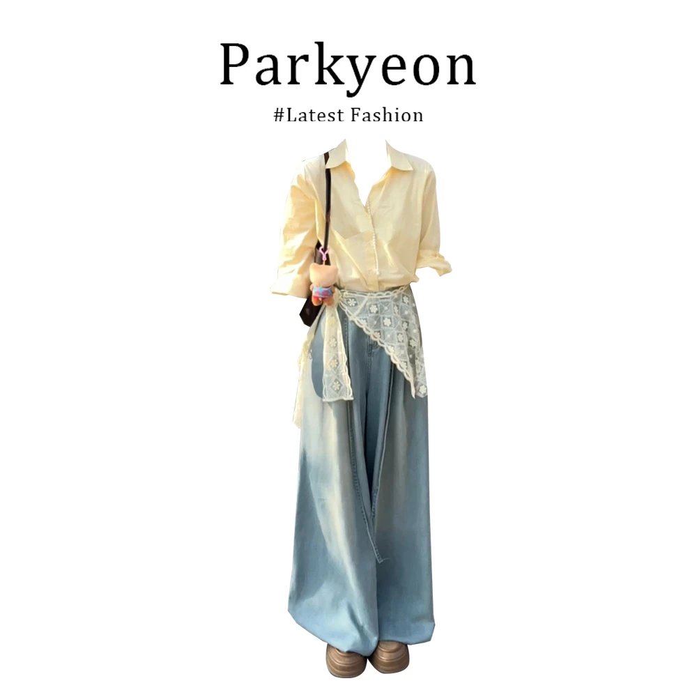 parkyeon法式气质polo领衬衫上衣女早秋通勤百搭休闲牛仔裤套装