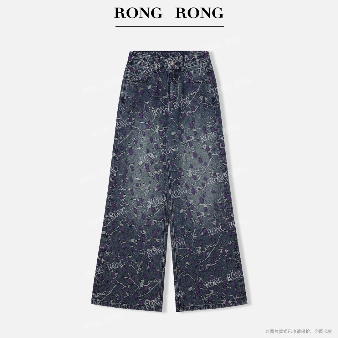 溶溶【油画紫鸢】RONGRONG阔腿剪裁刺绣提花烫钻复古风牛仔裤W02885