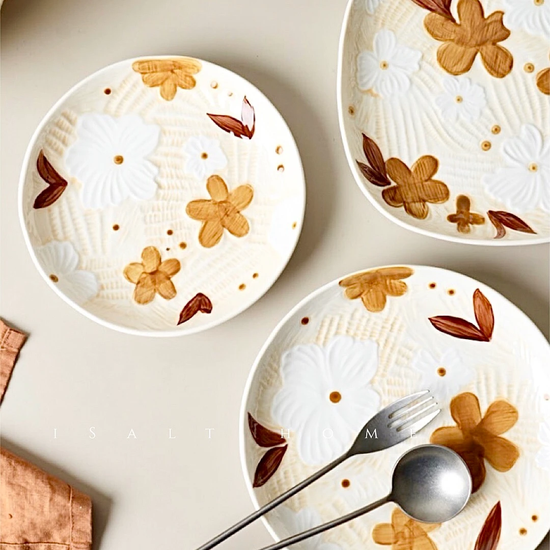 有田烧手作野绘集盘子早餐盘甜品沙拉盘创意复古菜盘釉下彩西餐盘