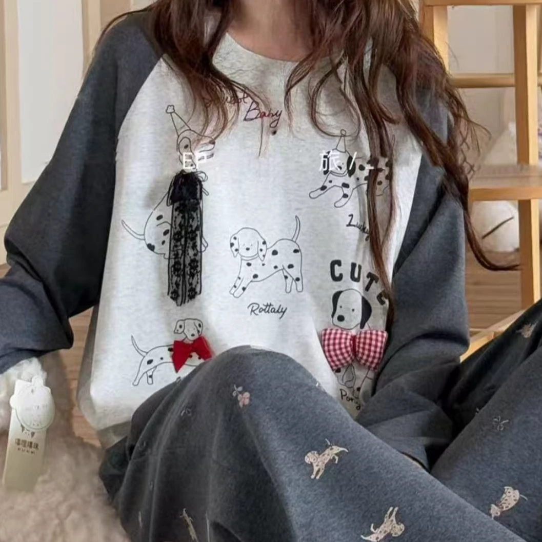 “超舒服”斑点狗蕾丝带兜重工家居服睡衣套装