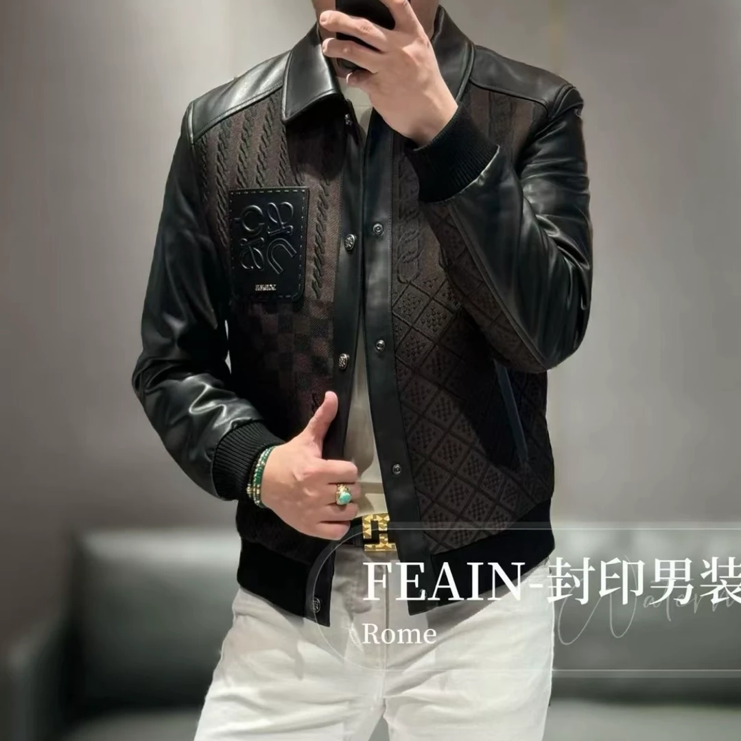2025秋冬男款新款高端个性时尚立体浮雕翻领真皮拼接夹克保暖外套