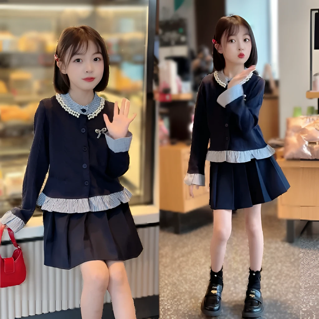 女童春装毛衣套装2025新款儿童学院风女孩韩系穿搭百褶裙jk两件套
